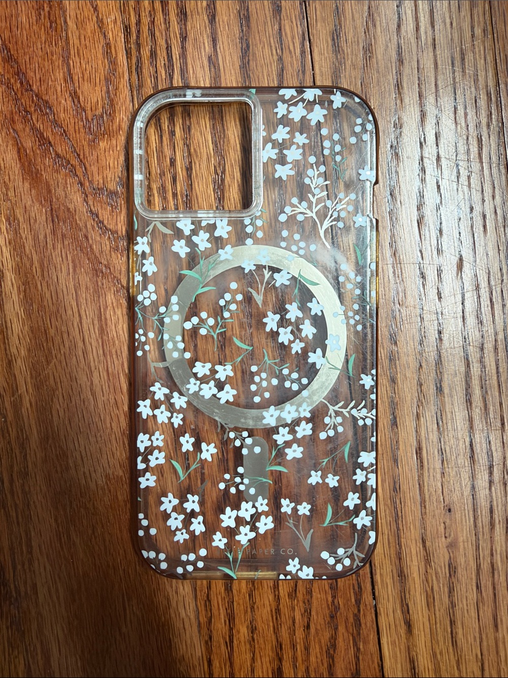 Rifle Paper Co. Clear iPhone 15 Pro Case with White Floral and Gold Charger Ring